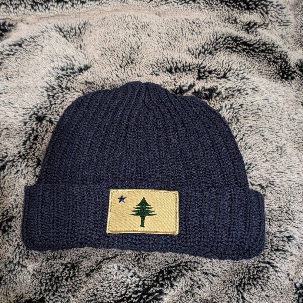 Navy Blue Knitted Beanie with original Maine flag